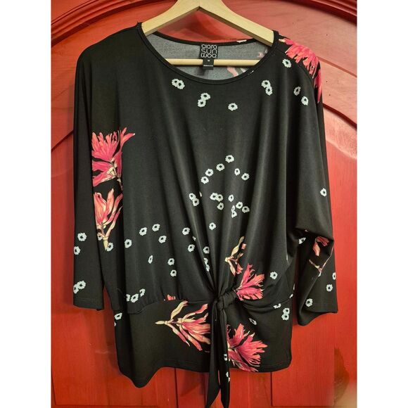 Clara Sun Woo Medium Black Floral Side Gather Blouse Cherry Blossoms Black EUC - Picture 1 of 2
